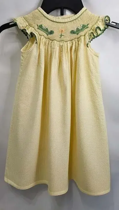 Rosalina Hand Smocked Yellow Seersucker Daisy Flower Dress