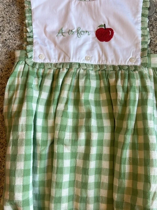 Green Gingham Appliqué Kids Dress with Apple Detail