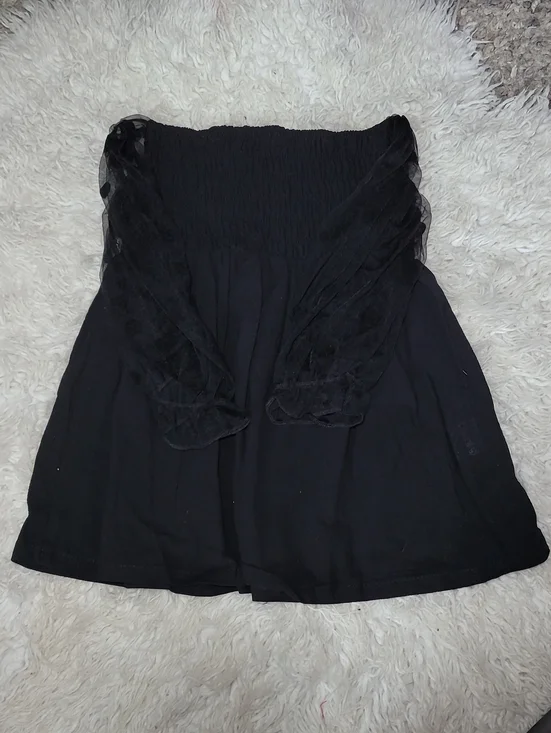 Black Strapless Smocked Mini Dress with Sheer Long Sleeves