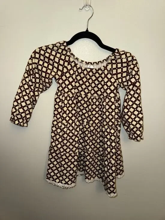Beehave Girls Dress Size 7 Long Sleeve Tiered Boho Brown Geometric Pattern Lace