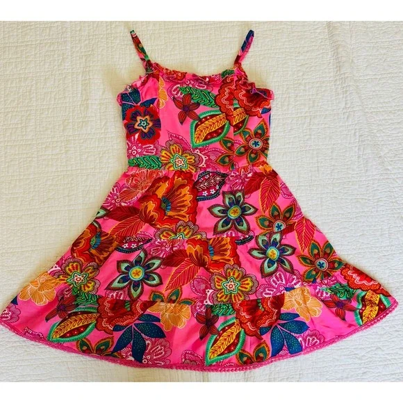 Zunie from Nordstrom‎ Girls Pink Floral Tiered Sundress Pom Pom Trim Size 10