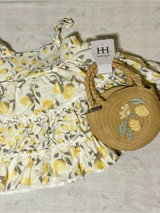 Haute Hippie Yellow Lemon Print Ruffle Dress with Straw Circle Crossbody
