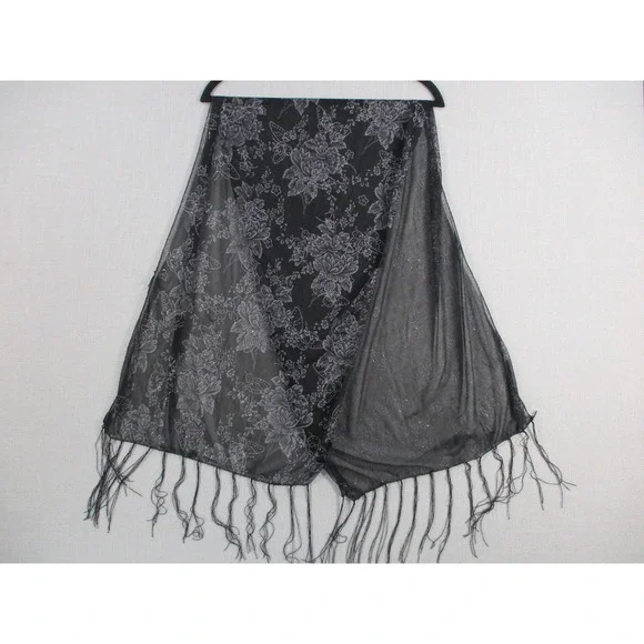 Black Floral Mesh Wrap Scarf Silver Glitter Sheer Goth with Fringe Trim 54x18.5‎