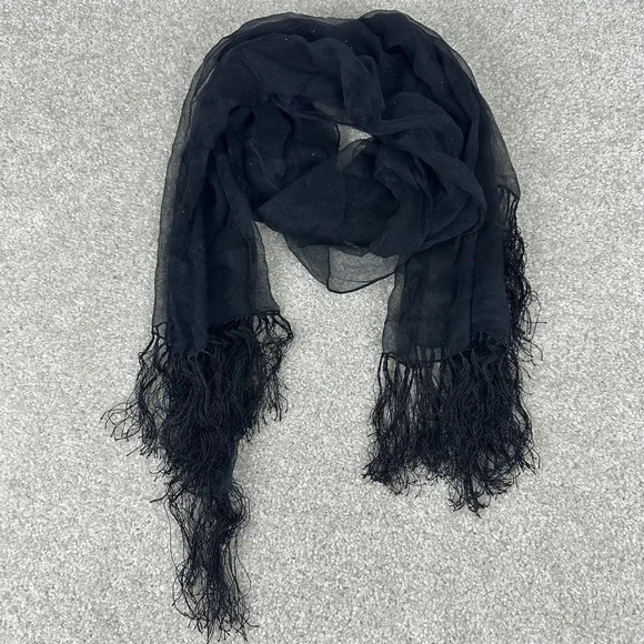 Black Sheer Glitter Fringe Shawl Wrap Evening Scarf Lightweight Shimmer Trim