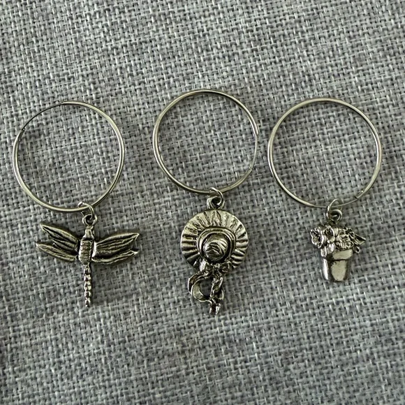 Garden-Themed Wine Glass Charms Set of 3 | Dragonfly /Hat / Flower Pot