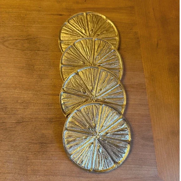Set of 4 Gold Tone Orange Slice Metal Coasters Citrus Fruit Drink Coaster Set