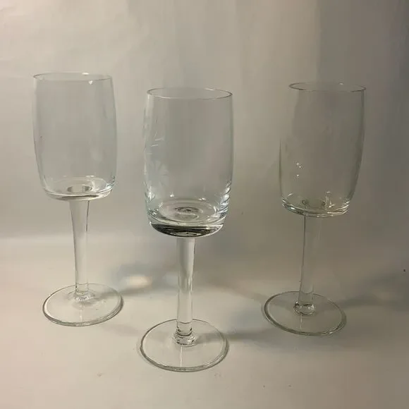 Set 3 Glass Stemware 6 Ounces White Flower Etching Vintage Bar Cocktail Dining