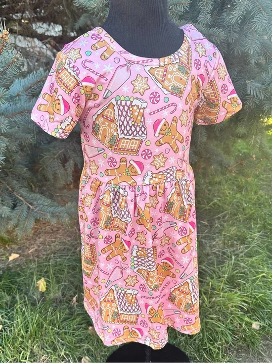 Kids Pink Gingerbread Print Short Sleeve Dress