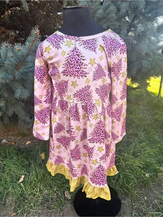 Girls Pink Leopard Tree Holiday Dress with Gold Ruffle