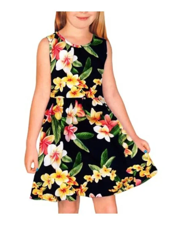 Girls Sleeveless Twirly Skater Dress Summer Tropical Print 3-14Y