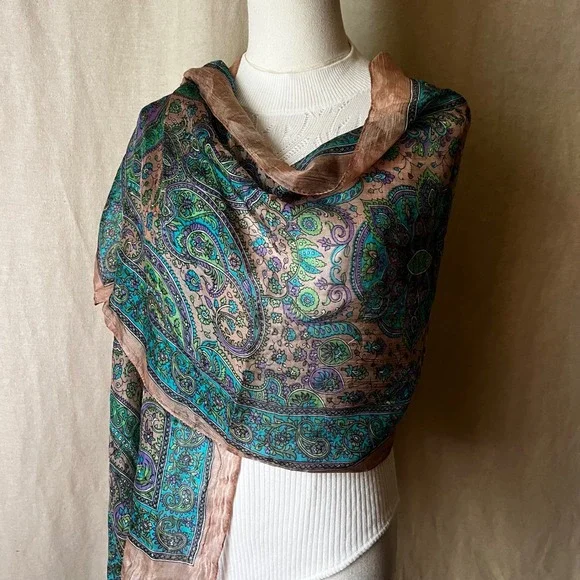 Vintage Pure Silk Paisley Scarf India Teal Purple Green Brown 18x66