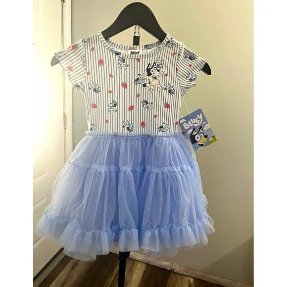 Bluey Girls 4T Blue/White Striped Tulle Tutu Dress Ruffle Party Casual