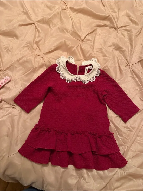 Janie and Jack Raspberry Quilted Dress with Lace Collar