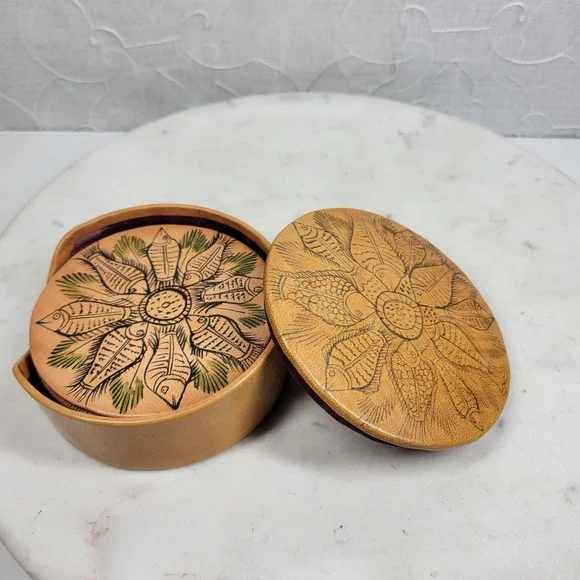 VTG Hand Painted Leather Fish Coaster Set w Storage Box Silk Back Folk Art Boho