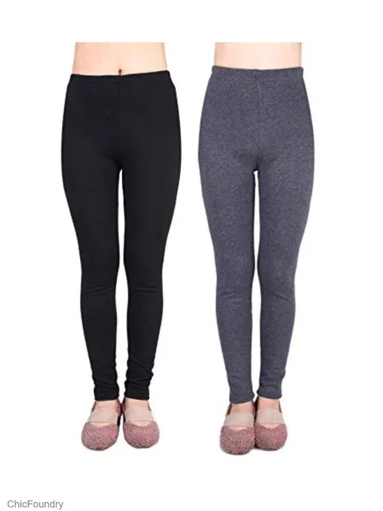 2 Pack Girls Fleece Lined Stretchy Leggings 100% Cotton Winter
