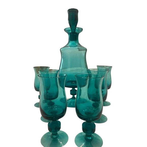 Vintage Teal Blue Art Glass 1 Decanter 6 Wine Glass Very Beautiful Rare!