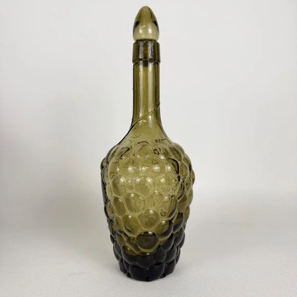 Vintage Glass Decanter Grape Cluster Bottle Olive Green Mid Century Decor