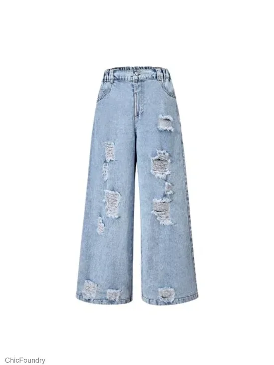 Girls Ripped Baggy Wide Leg Jeans with Pockets, Non-Stretch Cotton Blend,