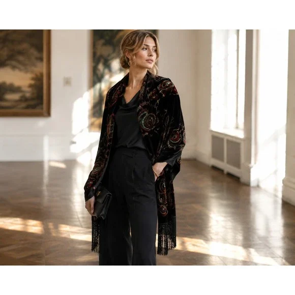 Black Burnout Velvet Silk Blend Embroidered Fringe Shawl Wrap Floral Sequin Boho