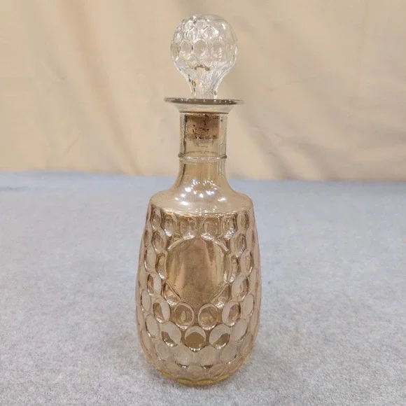 Vintage Amber Iridescent Glass Decanter‎ Thumbprint Pattern with Stopper Cork