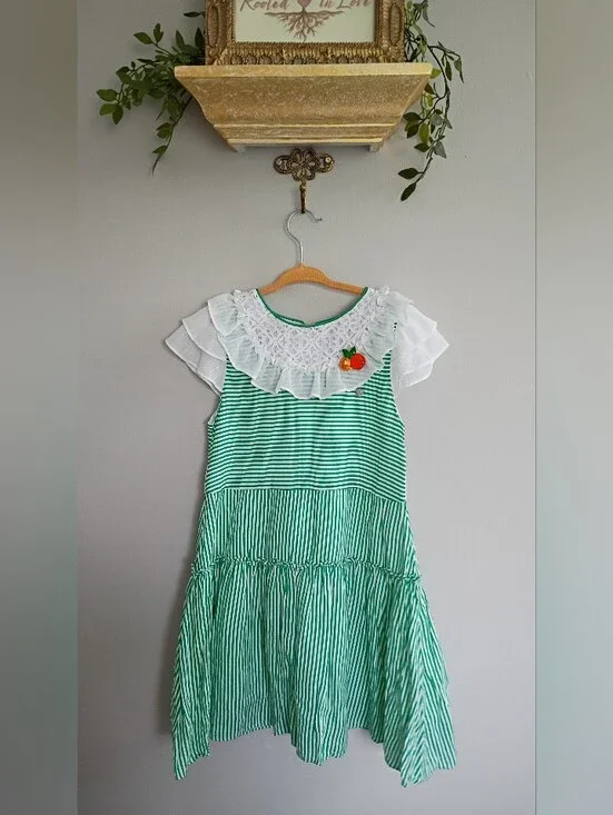 Green & White Striped Ruffle Collar Kids Dress