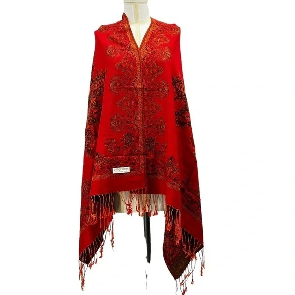 NEW Pashmina & Silk Lightweight Fringed Shawl‎ Wrap Red Black Starburst One Size