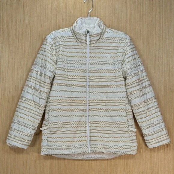The North Face Girls XL‎ 18 Reversible Mossbud Swirl Jacket Tan White Fair Isle