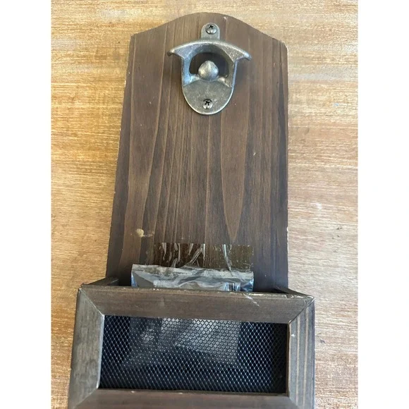 Wall Mounted Wood Bottle Opener with Mesh Cap Catcher Rustic Farmhouse Decor‎