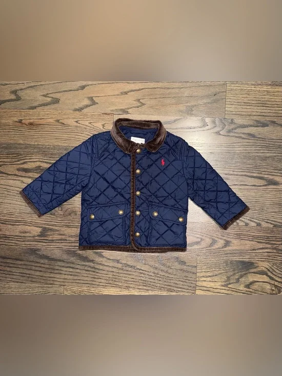 Ralph Lauren quilted barn jacket in navy blue with a brown corduroy collar kids