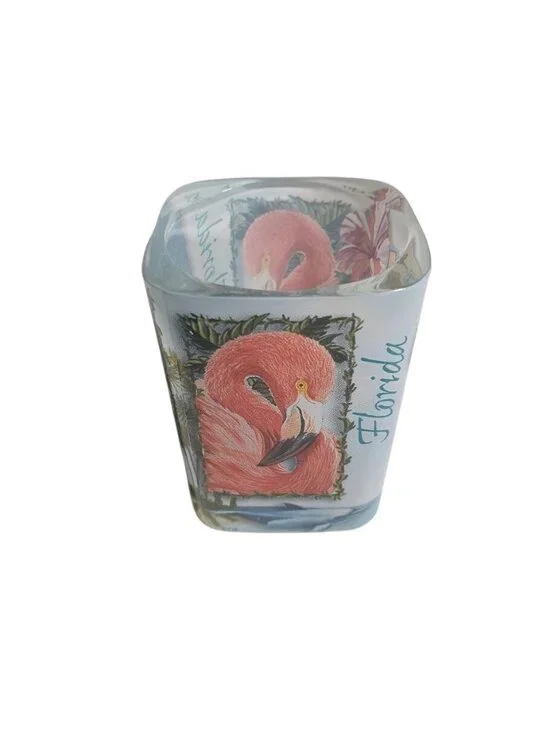 Florida Shot Glass Square Flamingos Turtles Hibiscus Manatee State Map Souvenir