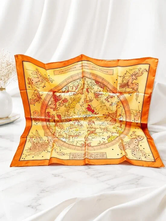 Authentic Hermès Paris Silk Scarf 90 Zodiac Celestial Constellation Orange
