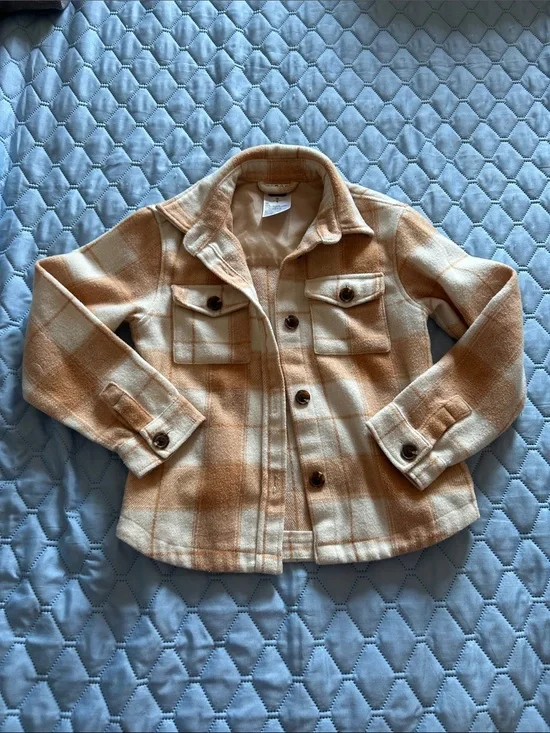 Kids Plaid Shacket Jacket - Cream & Tan