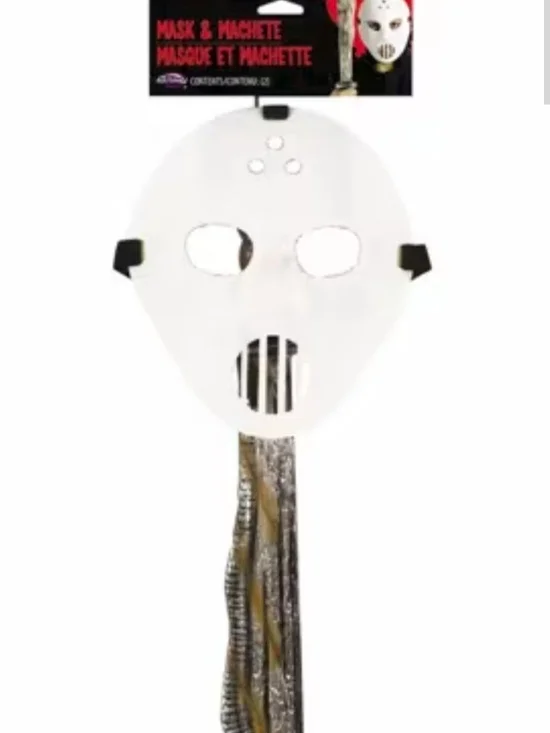 White Hockey-Style Face Mask with Machete Prop