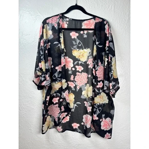 Floral Kimono Wrap Women Sheer Boho Romantic Botanical Pinup Glam Flowy‎ Whimsy