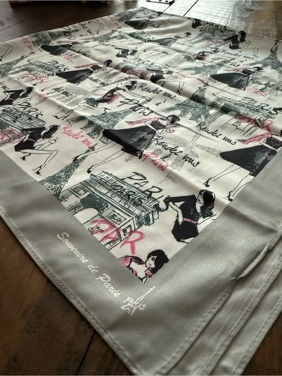 Souvenirs de Paris Square Scarf with Grey, Pink and Black Paris Inspired Design