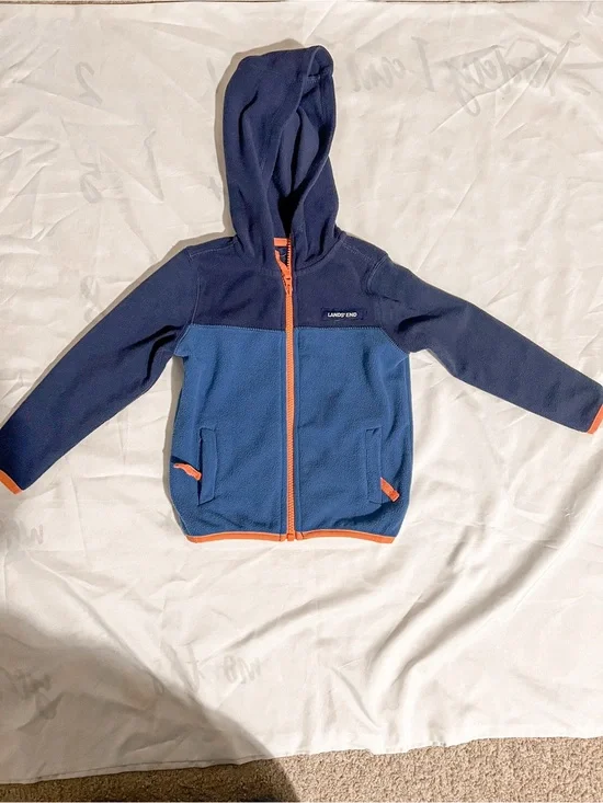 Lands' End Kids Navy and Blue Hooded Fleece Zip Jacket with Orange Trim Size 3T