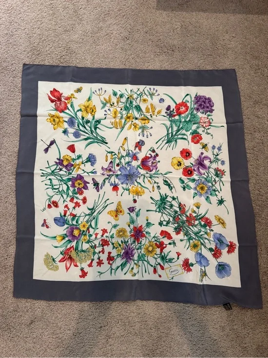 Vintage Gucci Floral Silk Scarf with Navy Border