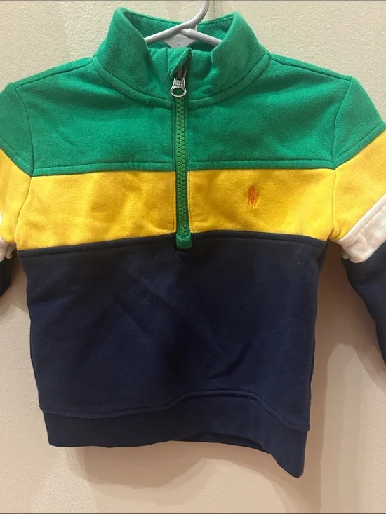 Ralph Lauren Toddler Boy Colorblock Quarter Zip Sweatshirt 18M Navy Green Yellow