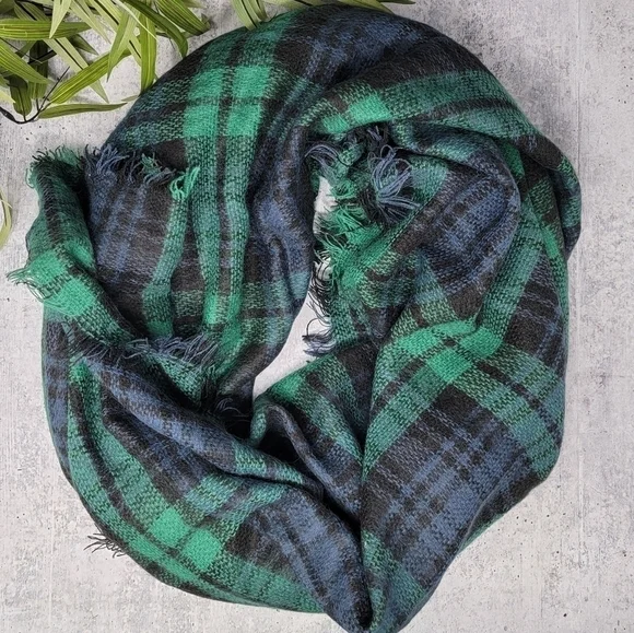 Navy & Green Plaid Blanket Scarf with Fringe Oversized Cozy Comfy Casual