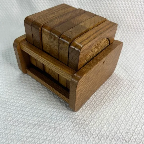 Vintage Mid Century Modern Oak Wood and Cork Coaster Set of 6 with‎ Caddy Holder