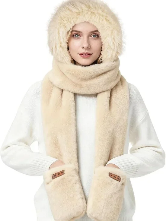 Cozy 3-in-1 Hooded Scarf Set for Women | Thick Faux Fur Winter Hat, Scarf