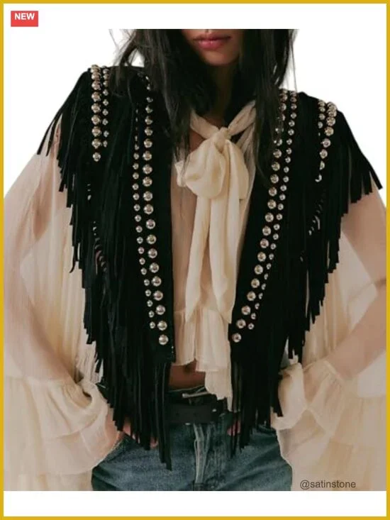Faux Suede Western Poncho with Fringe Tassels Open Front Cape