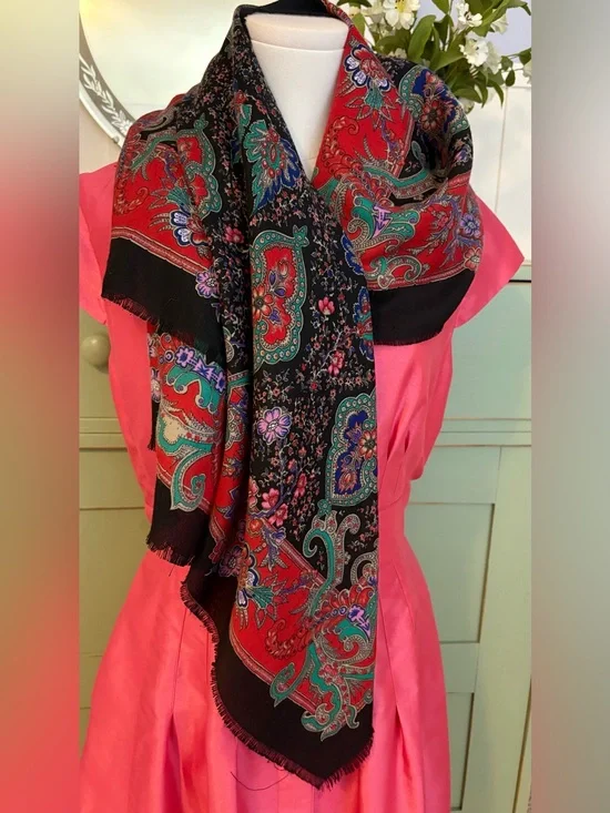 Specialty House 20th Century Vibrant Paisley & Floral Scarf - Made in Italy 35”