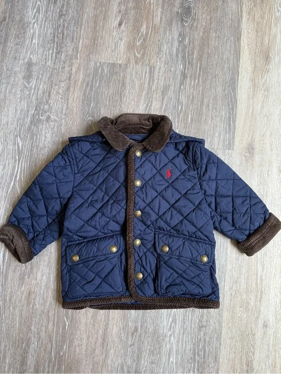 Ralph Lauren Navy Quilted Barn Coat With detachable hood Size 18 Months