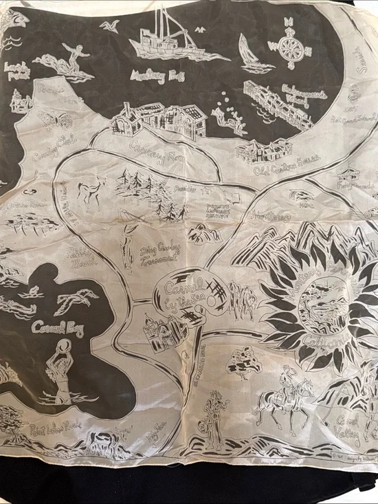 Carousel of Canary Row Carmel Monterey Illustrated Scenic Scarf 🧣in Cream