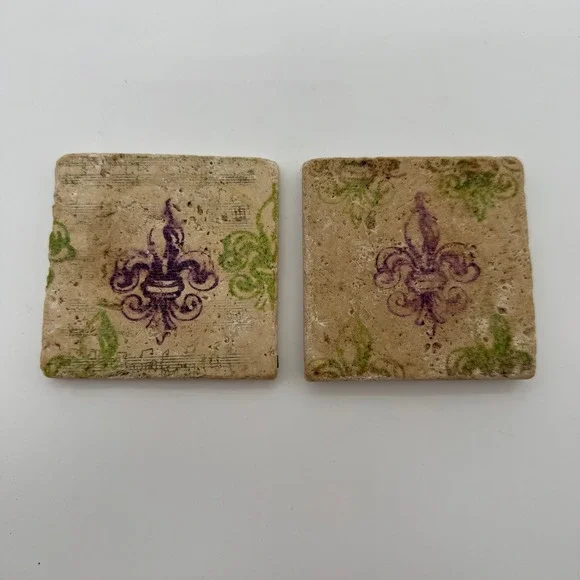 Set of 2 Fleur De‎ Lis Travertine Stone Drink Coasters Rustic New Orleans Decor
