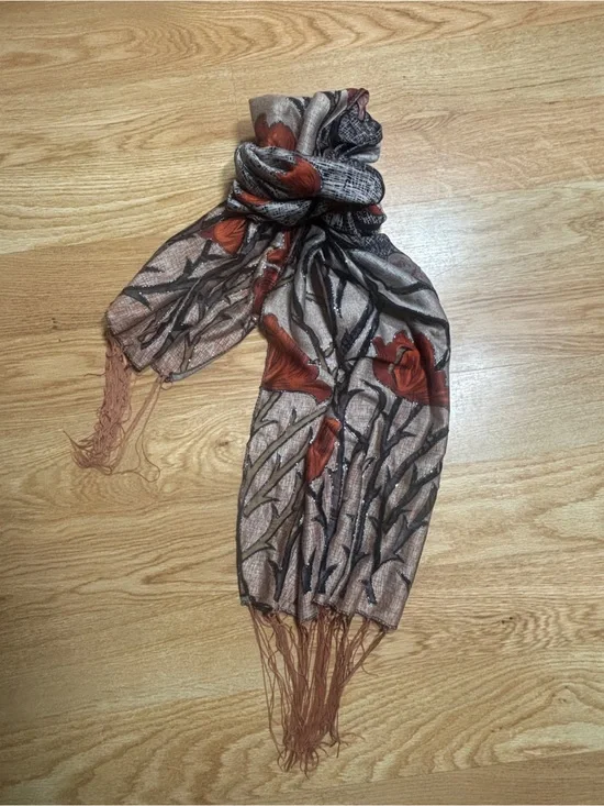 Lightweight Floral Fringe Scarf in Taupe and Rust