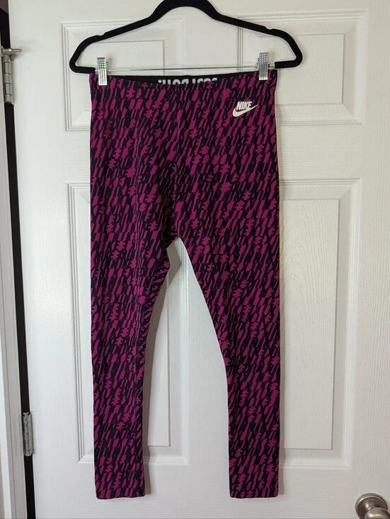 Nike Women's Leggings Size Large Pink Black Graphic Print Just Do It Logo Athlet