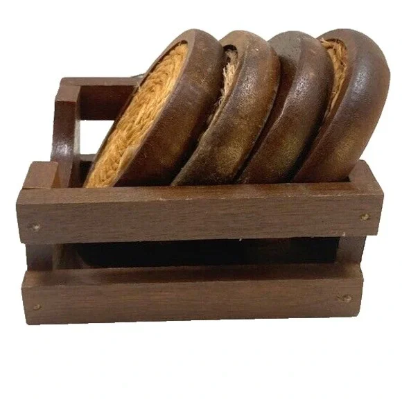 Vintage MCM Wood and Rope Round Coaster with Caddy Set of‎ 4 Boho 70s