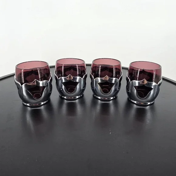 Vintage Amethyst Purple Glass Shot Glasses with Chrome Holders Set of 4 MCM
